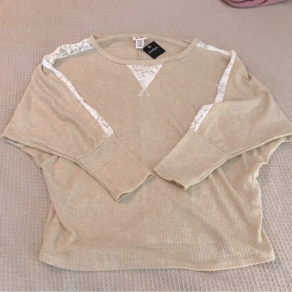 BiBi Tops - BiBi Beige Long Sleeve Lace Tee